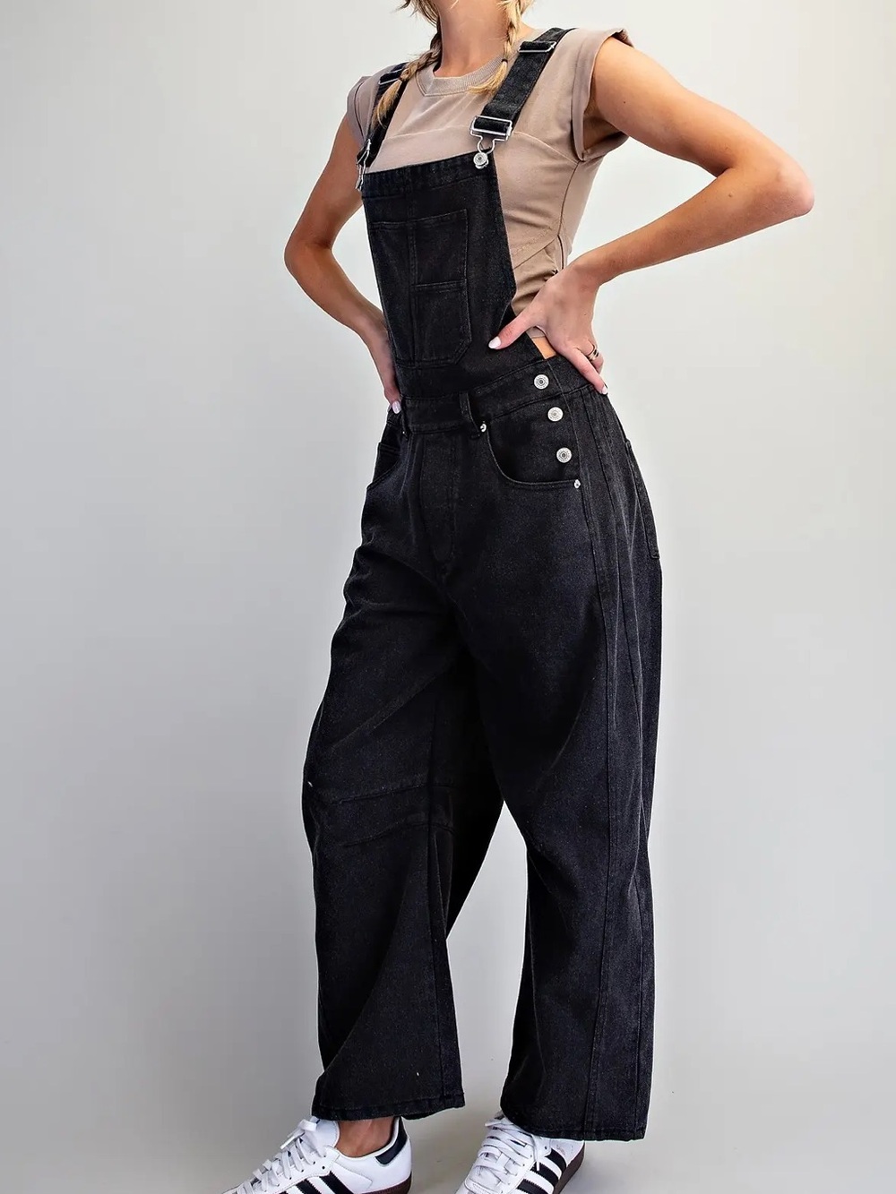 Eesome Mineral Washed Barrel Leg Jumpsuit Overalls Black - Picture 15 of 16